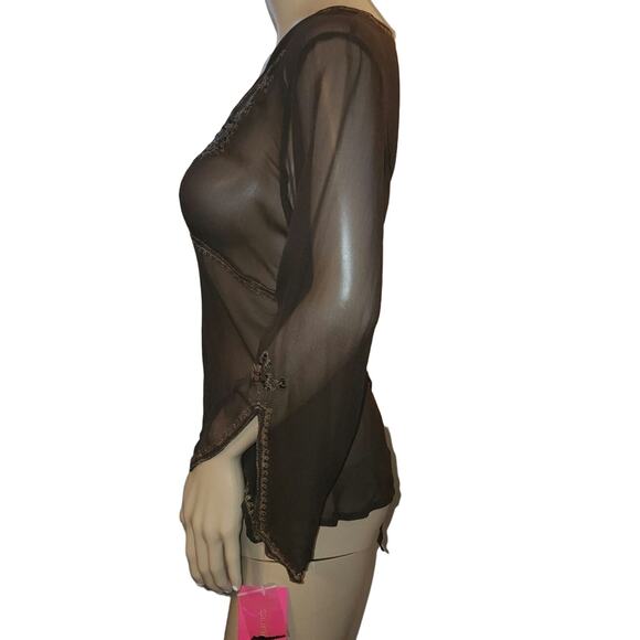 NWT Sunny Leigh Sz L 100% Silk Babydoll Brown Y2K Embroidered Sheer Fairy Top - Picture 2 of 6